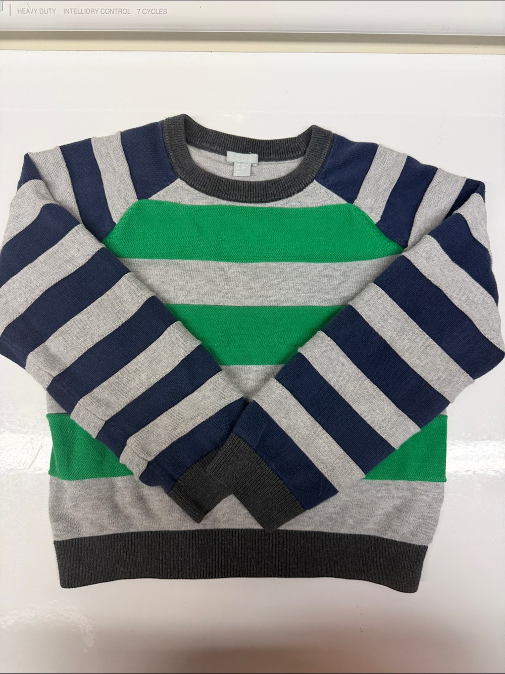 Boys COS Striped Crewneck Sweater in Green, Navy & Gray